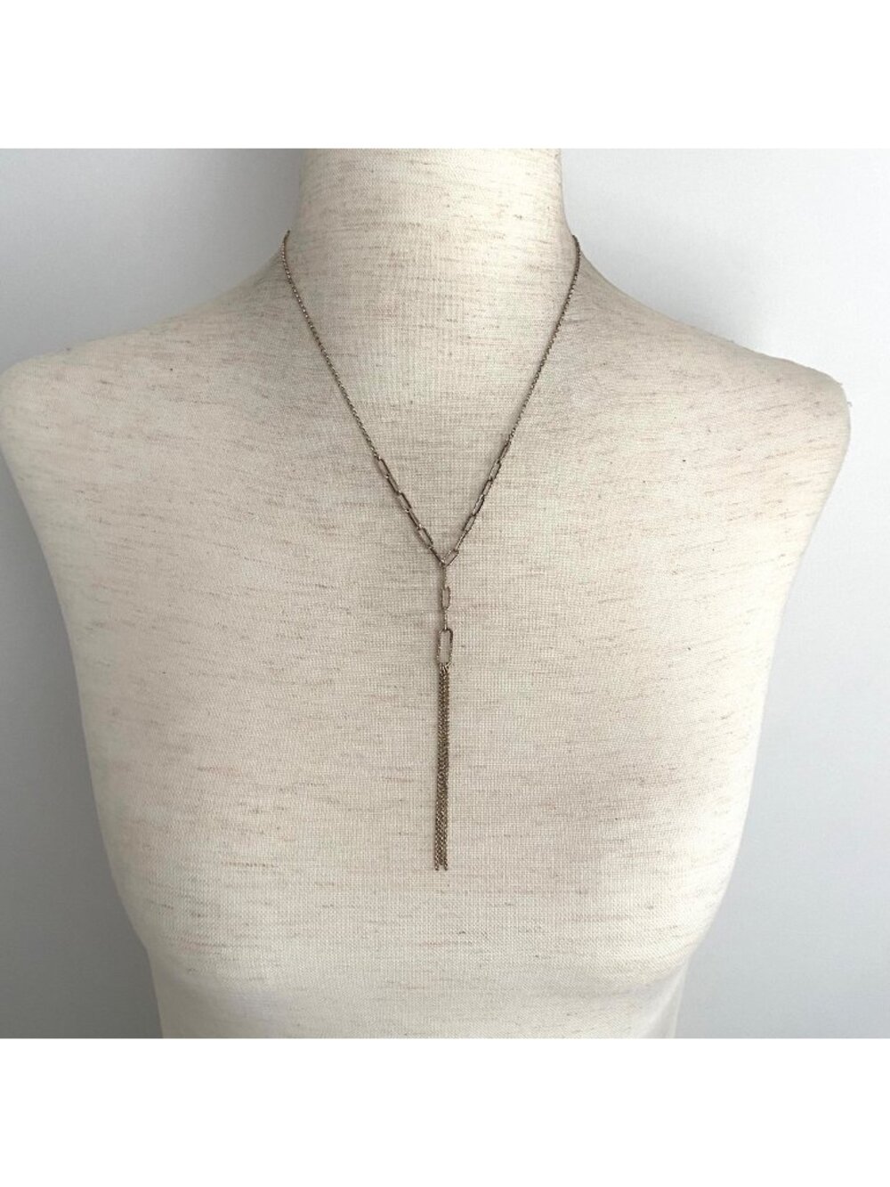 Gold Vermeil Sterling Silver Textured Rectangular Cable Chain Y Tassel Necklace